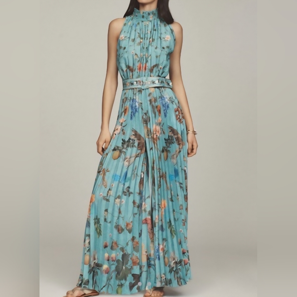 Ranna Gill Jumpsuit Blue Sleeveless Floral Maxi Wide Flowy Pleated Pants Size S